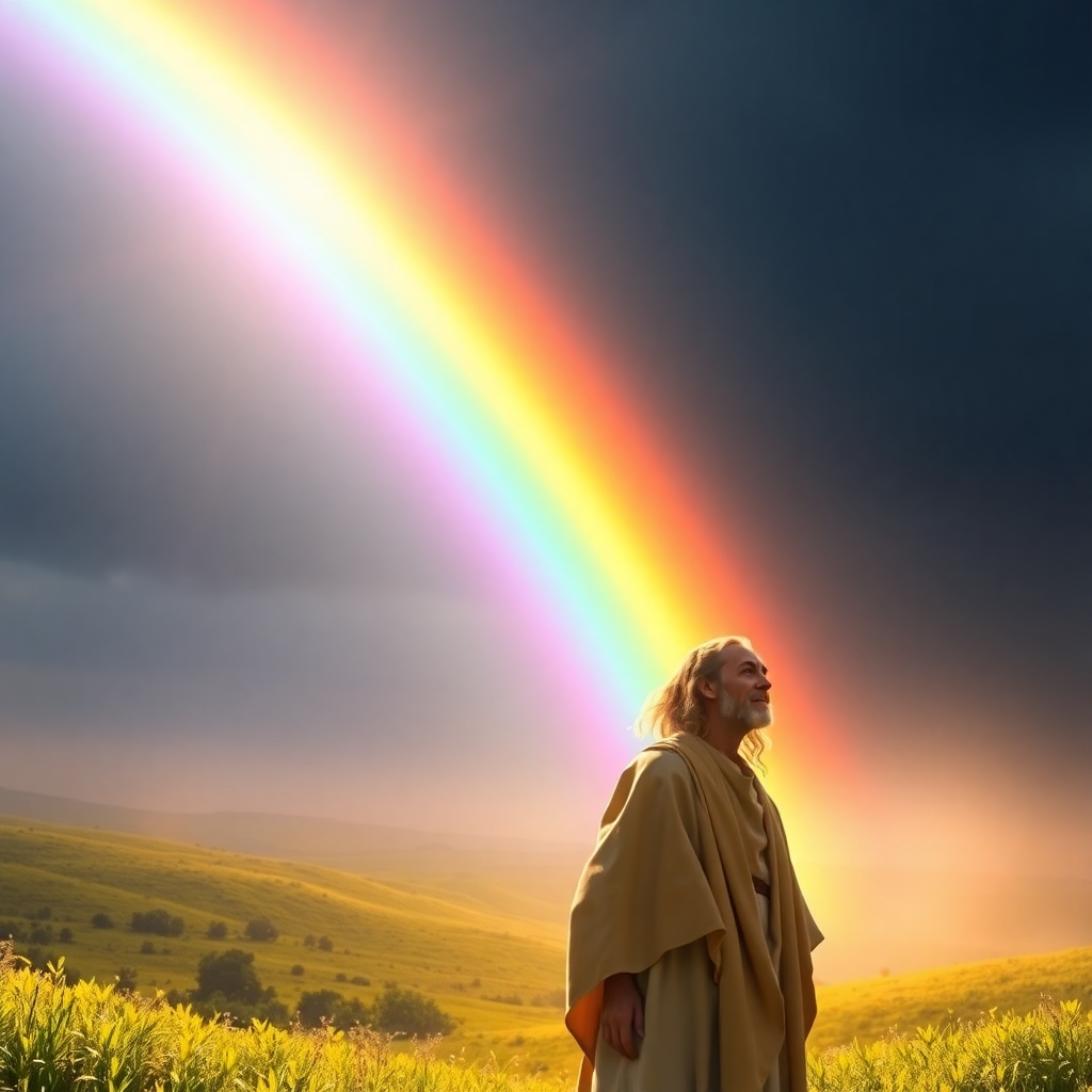 Visualize the moment God makes a covenant with Noah after the flood. Depict Noah standing before a majestic rainbow, his face filled with awe and gratitude. God's presence should be felt through the vibrant colors of the rainbow, symbolizing his promise to never again destroy the world with a flood. The landscape should be lush and green, representing the renewal of life. The lighting should be soft and golden, creating a sense of hope and peace. Render in 8k resolution, capturing the beauty of the rainbow and the emotional connection between God and Noah.