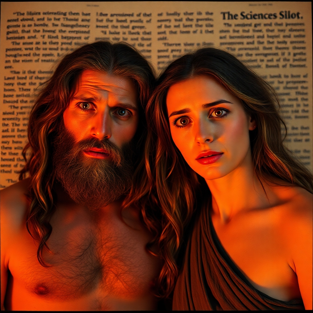 Create a poignant, photorealistic image depicting Adam and Eve after the Fall. They should be shown leaving the Garden of Eden, their faces etched with sorrow, shame, and regret. The landscape behind them should be barren and desolate, contrasting sharply with the lush paradise they are leaving behind. Focus on the emotional expressions of Adam and Eve, conveying their deep sense of loss and separation. The lighting should be somber and subdued, with muted colors and soft shadows. Render in 8K resolution to capture the raw emotions of the scene.