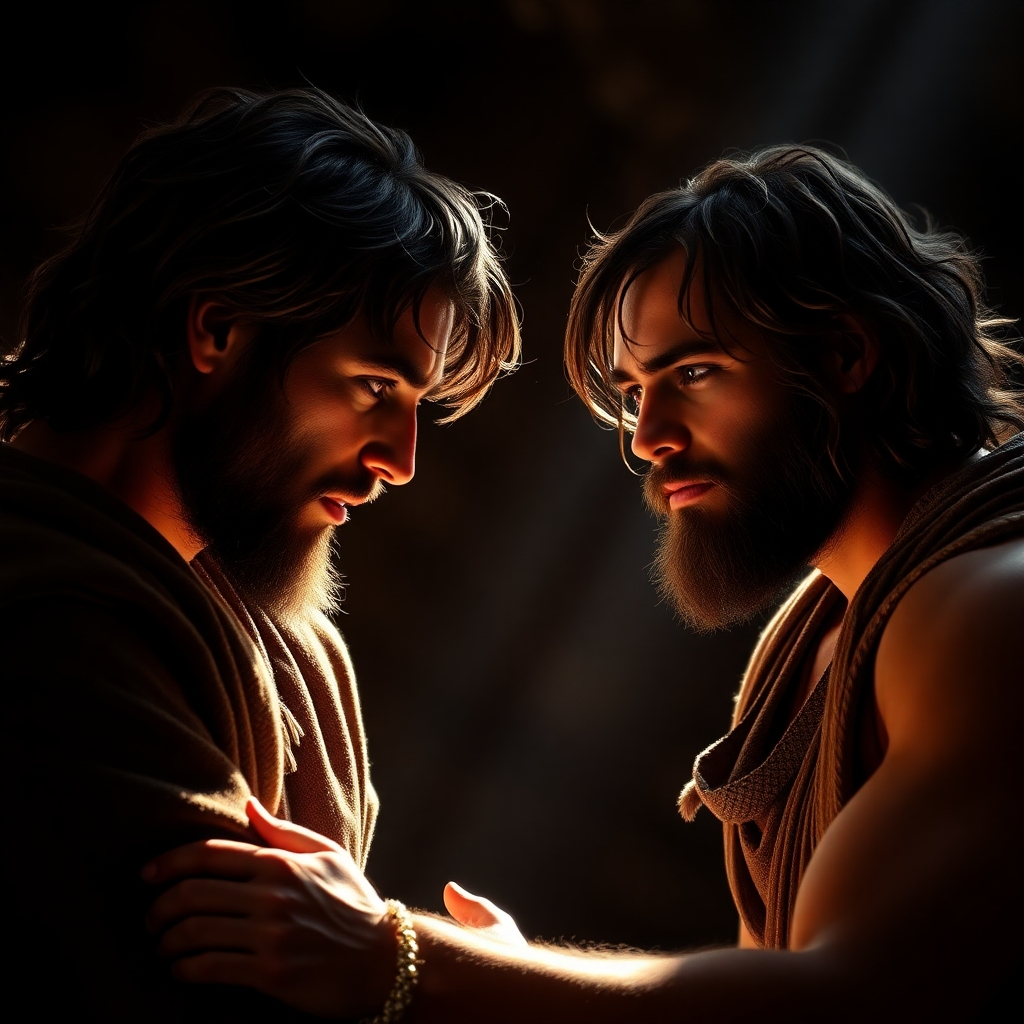 Create a dramatic image depicting the brothers Jacob and Esau as young men, locked in a struggle for their father's blessing. Esau should be portrayed as strong and athletic, while Jacob should be cunning and resourceful. Focus on the tension and rivalry between them, capturing the intensity of their conflict. The lighting should be dramatic, with strong contrasts between light and shadow. The color palette should be muted, with earthy tones and subtle hints of red. Render in 8K resolution, emphasizing their physical features.