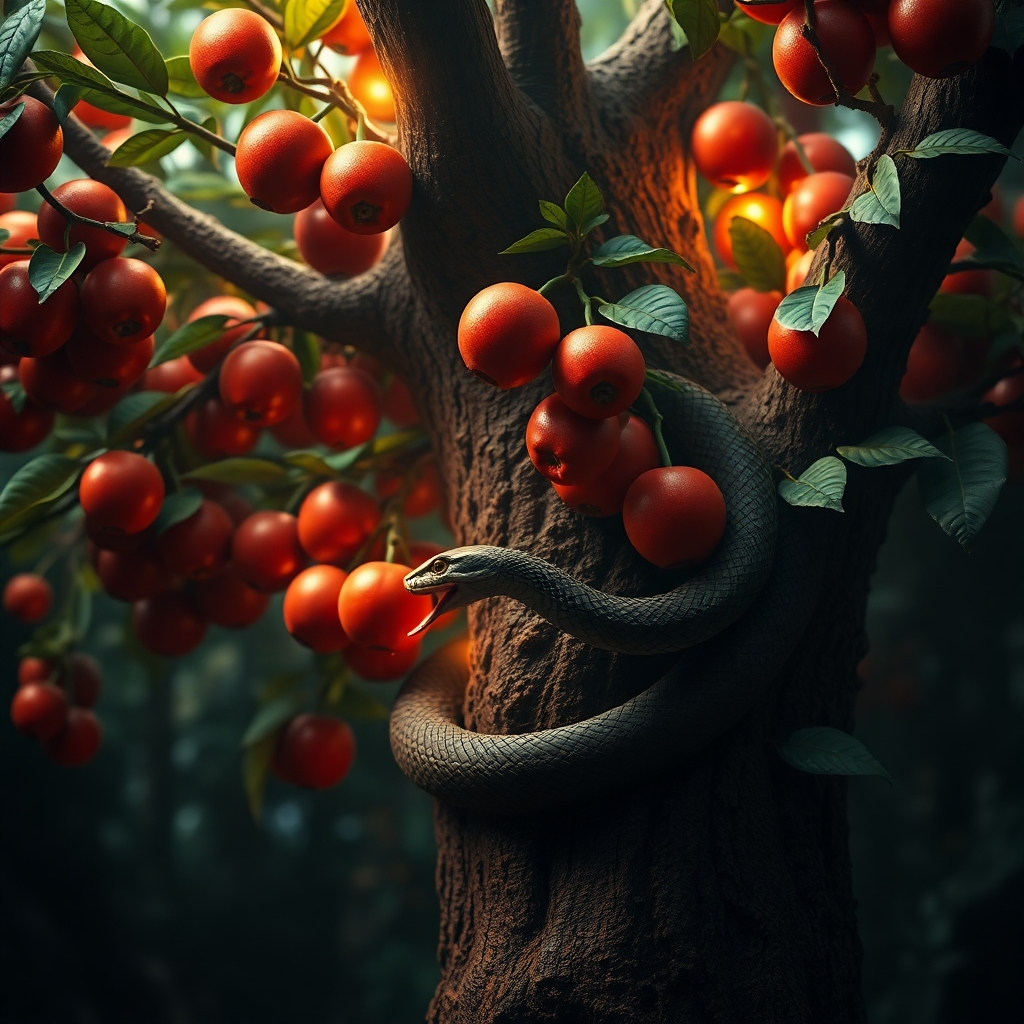 Create a photorealistic, close-up image of the Tree of Knowledge of Good and Evil in the Garden of Eden. The tree should be laden with ripe, tempting fruit, glowing with an otherworldly light. A serpent should be subtly coiled around the trunk, its eyes glinting with cunning. Focus on the textures of the bark, leaves, and fruit, creating a sense of tactile realism. The lighting should be dramatic, with strong contrasts between light and shadow. The color palette should be rich and vibrant, with deep reds, greens, and golds. Render in 8K resolution to capture the intricate details of the scene.