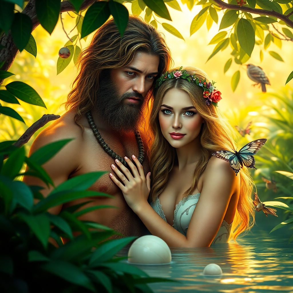 Create a photorealistic image of Adam and Eve in the Garden of Eden. They should be depicted as innocent and pure, surrounded by lush vegetation and exotic animals. Focus on their connection with nature and each other. The lighting should be soft and golden, creating a sense of peace and harmony. The color palette should be vibrant, with a wide range of greens, blues, and yellows. Style should be inspired by classical paintings of Eden, with a hyperrealistic and modern feel. 8k resolution, with focus on the texture of leaves, skin, and water.