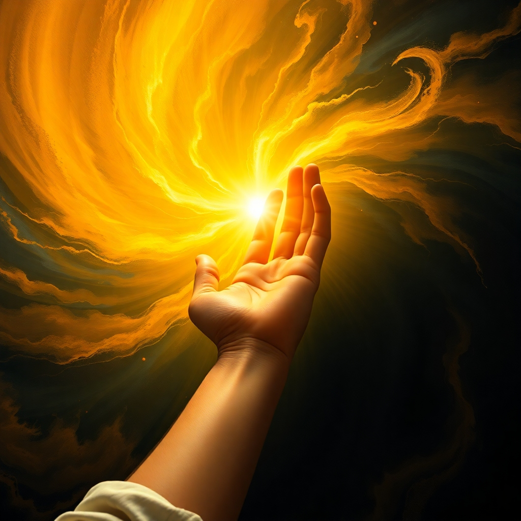 Create a photorealistic image depicting the first day of creation from Genesis. God's hand reaching down, gently separating light from darkness. The background should be a swirling vortex of colors, with golden light emanating from God's hand. Focus on the texture of the light and shadow, creating a sense of divine power and peace. The color palette should be dominated by vibrant yellows and oranges contrasting with deep blues and blacks. Style should be reminiscent of Renaissance paintings, with a modern, hyperrealistic twist. Capture the awe and wonder of the moment of creation in 8k resolution.