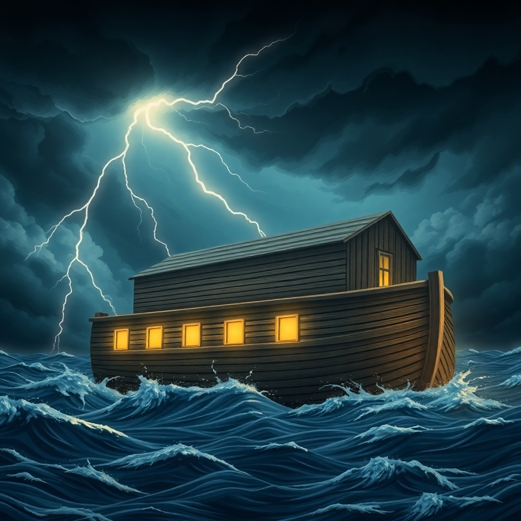 Create a stylized, dramatic image of Noah's Ark during the Great Flood. The ark should be depicted as a beacon of hope amidst a raging storm. The sky should be dark and stormy, with lightning illuminating the ark. Focus on the scale of the ark and the power of the floodwaters. The color palette should be dominated by dark blues, grays, and blacks, with flashes of white and yellow. Style should be inspired by dramatic landscape paintings, with a touch of fantasy. 8k resolution, with focus on the texture of wood, water, and clouds.