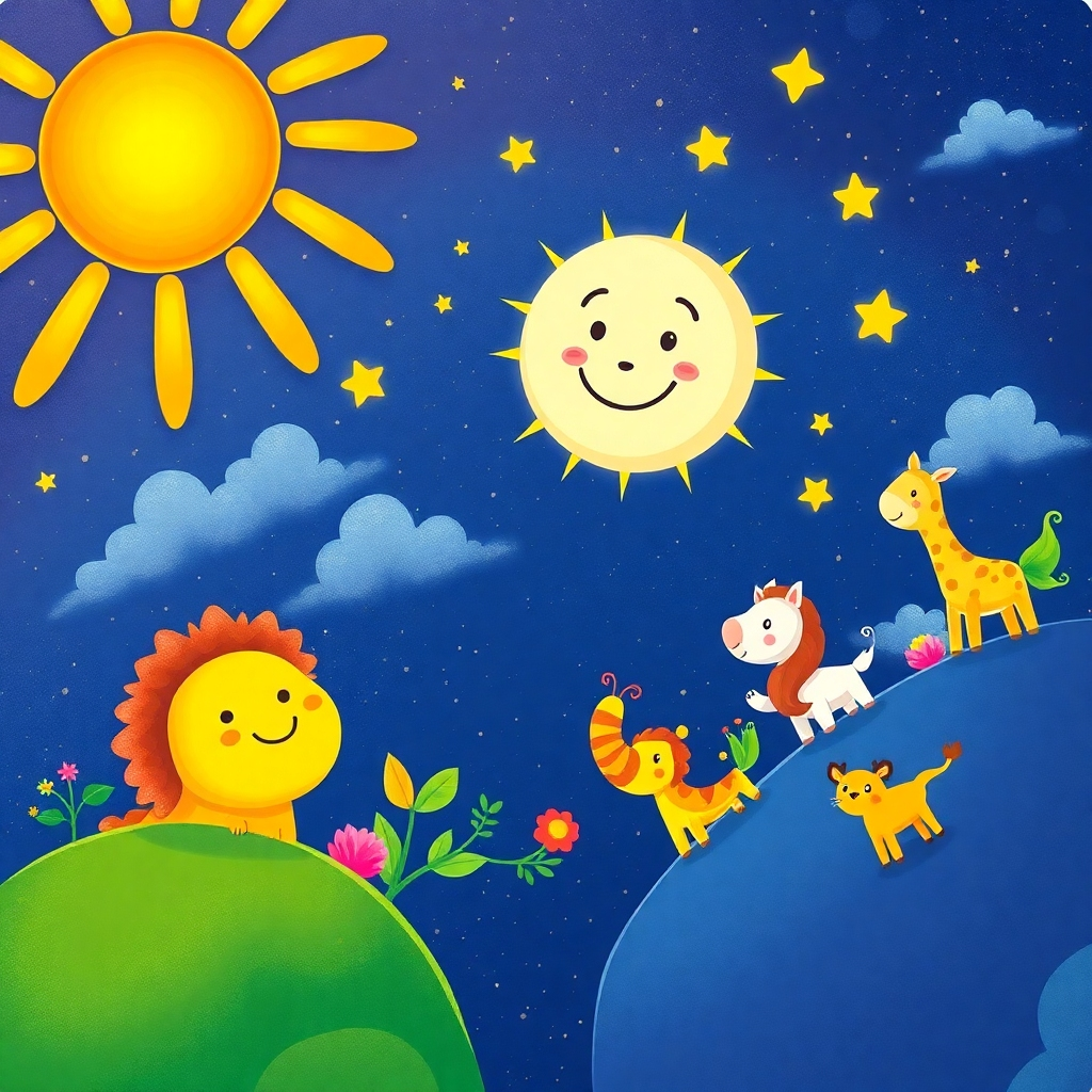 Create a whimsical, colorful illustration depicting the creation of the world for children. Show a smiling God creating the sun, moon, stars, plants, and animals. The style should be playful and inviting, with bright colors and rounded shapes. The animals should be cute and friendly, and the overall tone should be optimistic and joyful. Consider an 'eye-level' view looking towards the sky. The environment is space. Render in 8K.