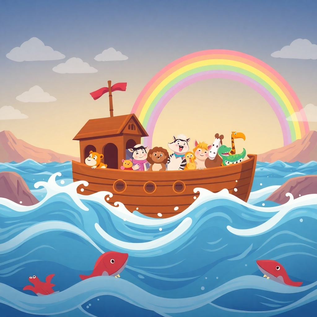 Create an animated illustration of Noah's Ark during the flood. The ark should be colorful and buoyant, filled with pairs of smiling animals. The water should be depicted as playful and harmless, with cartoonish waves and friendly sea creatures. The overall tone should be adventurous and hopeful, with a rainbow appearing in the sky as a sign of God's promise. Style should be reminiscent of children's storybooks, with simple shapes and bright colors. Render in 8K.