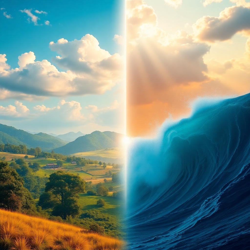 Create an image transitioning from the idyllic landscapes of Genesis to the more dramatic and dynamic scenery of Exodus. The left side of the image should feature the Garden of Eden, while the right side should feature the parting of the Red Sea. A beam of light connects the two scenes, symbolizing the continuity of God's story. The overall composition should be balanced and harmonious, with a sense of anticipation and excitement for the journey ahead. Render in 8k resolution.