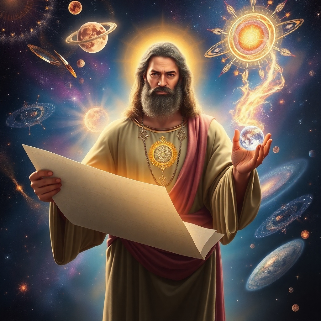Depict God as a divine architect in the midst of creating the universe. Imagine him holding a blueprint or a celestial sphere, with galaxies swirling around him. His expression should convey a sense of wisdom, power, and love. Use a color palette of deep blues, purples, and golds, creating a sense of grandeur and mystery. The lighting should be ethereal, with light emanating from God himself. The style should be inspired by Renaissance paintings, but with a modern, hyperrealistic twist. Render in 8k resolution, capturing the intricate details of the universe and the divine architect.