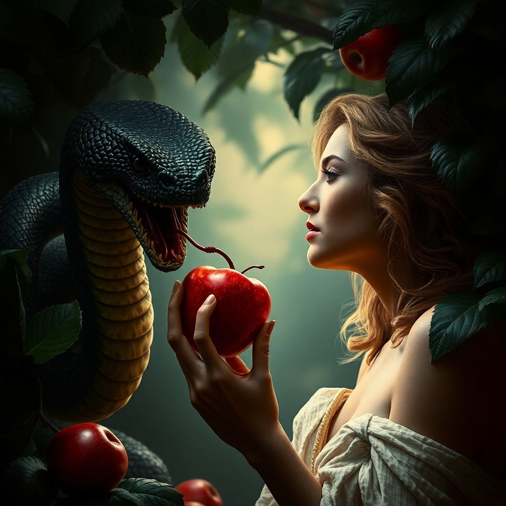 Depict the serpent in the Garden of Eden whispering to Eve, tempting her with the forbidden fruit. The serpent should be portrayed as cunning and seductive, with piercing eyes and a sly grin. Focus on the tension and deception of the moment. The lighting should be dramatic, with strong contrasts between light and shadow. The color palette should be dark and ominous, with deep reds, greens, and blacks. Style should be inspired by classical paintings of the Fall, but with a modern, hyperrealistic twist. Render in 8k resolution.