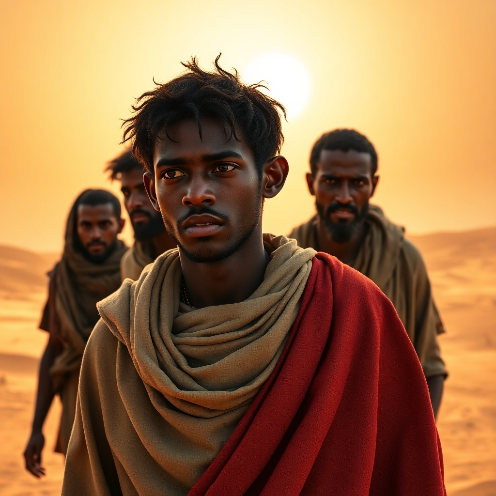 Visualize Joseph as a young man being sold into slavery by his brothers. Create a photorealistic, emotional image with the brothers looking conflicted, some exhibiting remorse, others, malice. Joseph should be shown being led away, despair on his face. Set it against a stark, desert backdrop under a blazing sun. Highlight the harsh conditions of the slave trade. Utilize a desaturated color palette except for subtle hints of color on Joseph's coat, emphasizing loss. Render in 8K.