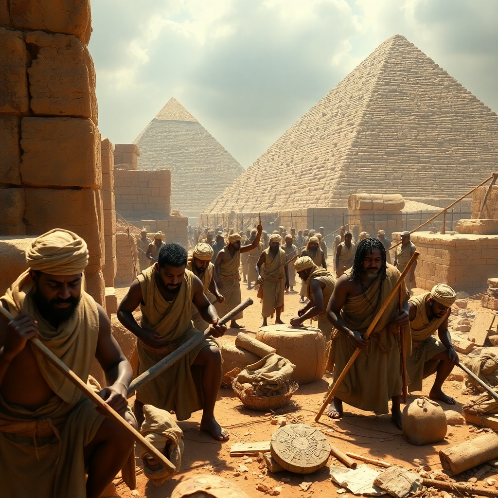 Visualize the Israelites toiling under the harsh conditions of slavery in ancient Egypt. Depict them building pyramids under the watchful eyes of cruel taskmasters. Focus on their suffering and oppression, but also on their resilience and hope for liberation. The lighting should be harsh and unforgiving, with a color palette of muted browns, grays, and yellows. Style should be realistic and historical. Render in 8k resolution.
