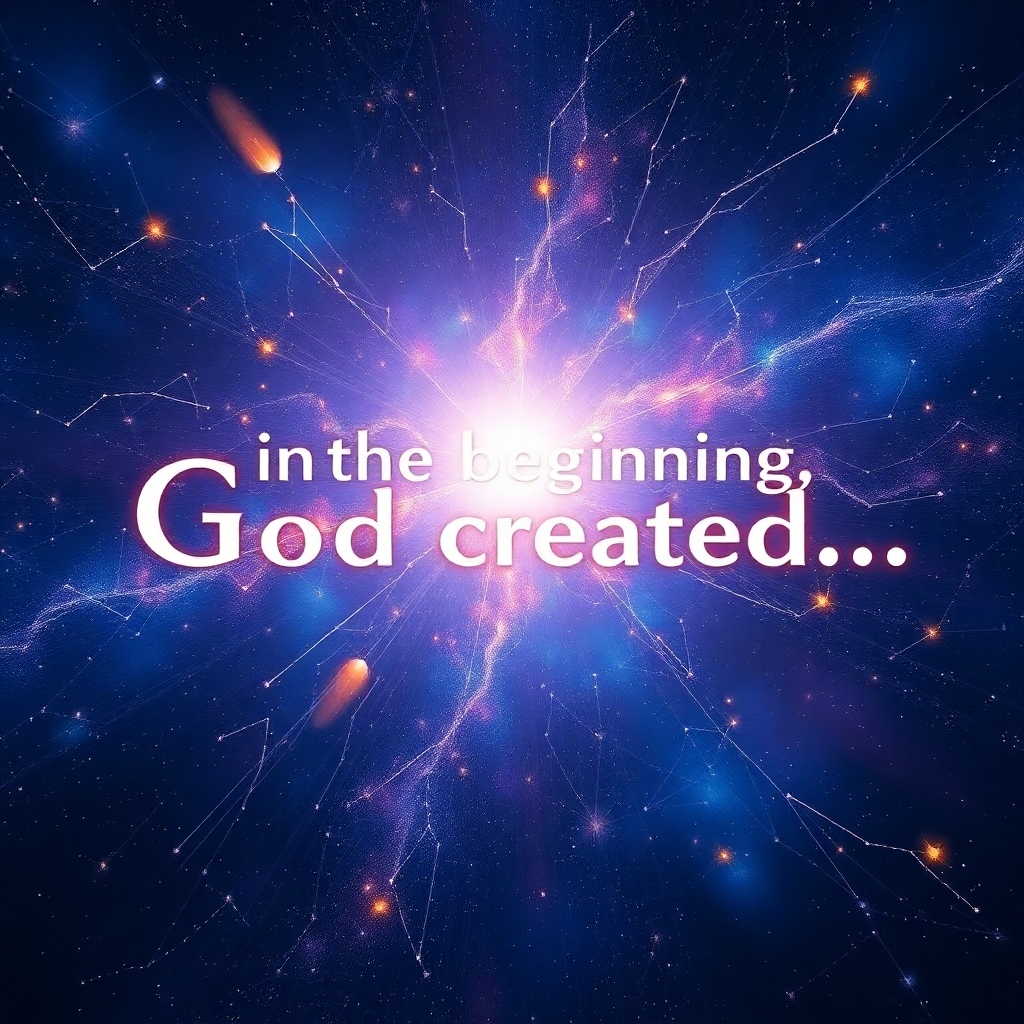 Visualize the opening words of Genesis, 'In the beginning, God created...' as a burst of light and energy transforming into the universe. The words should be subtly integrated into the image, perhaps as constellations or nebulae. Focus on the power and majesty of the creation event. The color palette should be vibrant and dynamic, with deep blues, purples, and golds. The style should be modern and abstract, with a sense of infinite possibility. Render in 8k resolution.
