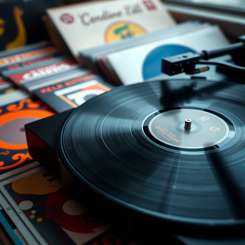 A close-up of a vinyl record player with a record spinning on it, surrounded by a colorful array of vinyl records representing different genres of music, such as jazz, classical, pop, and rock.