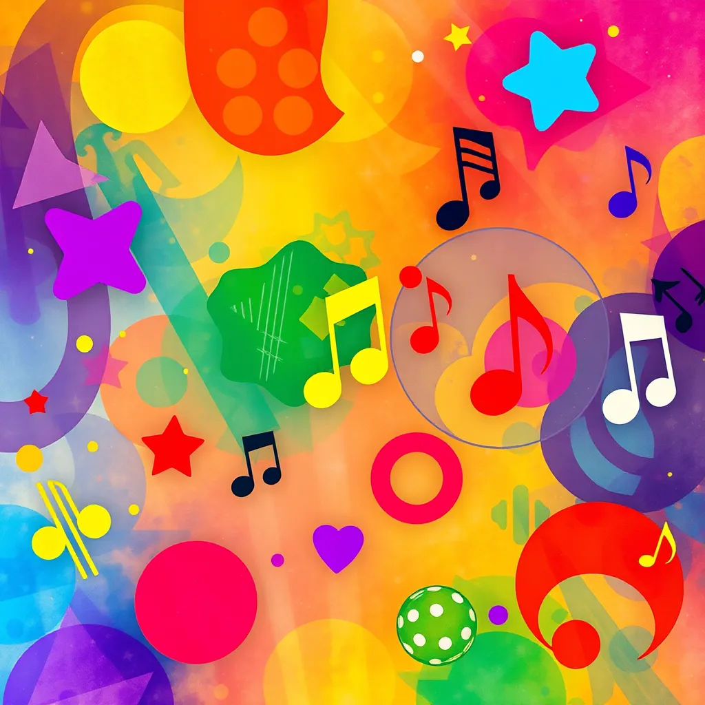 A colorful, abstract background with different shapes and symbols representing various music genres: pop, rock, classical, electronic, jazz. Each shape should be vibrant and have its own distinct style, symbolizing the diversity of music within the album collection.