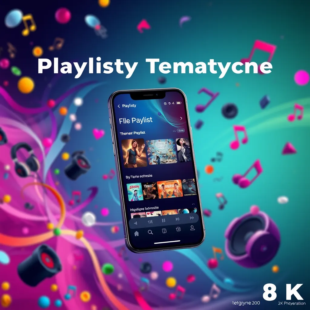 A dynamic and visually appealing image representing the 'Playlisty Tematyczne' service. The image should feature a vibrant, colorful background with a variety of music-related elements like musical notes, headphones, and speakers. The background should be a dynamic composition of these elements, swirling and moving in a way that suggests energy and excitement. Superimposed on this background should be a sleek, modern mobile phone displaying a music streaming app, with a playlist prominently displayed on the screen. The playlist should be visually appealing and engaging, with colorful icons and titles that clearly convey the theme of the playlist. The overall image should be rendered in 8K resolution with hyperrealistic detail and a smooth, photorealistic finish, emphasizing the modern and engaging aspects of the service.