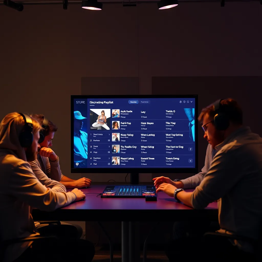 A photo of a group of people, perhaps music critics or DJs, gathered around a table with a large, glowing screen displaying a curated playlist of songs. They are engaged in a conversation, discussing and selecting the best music for the collection.