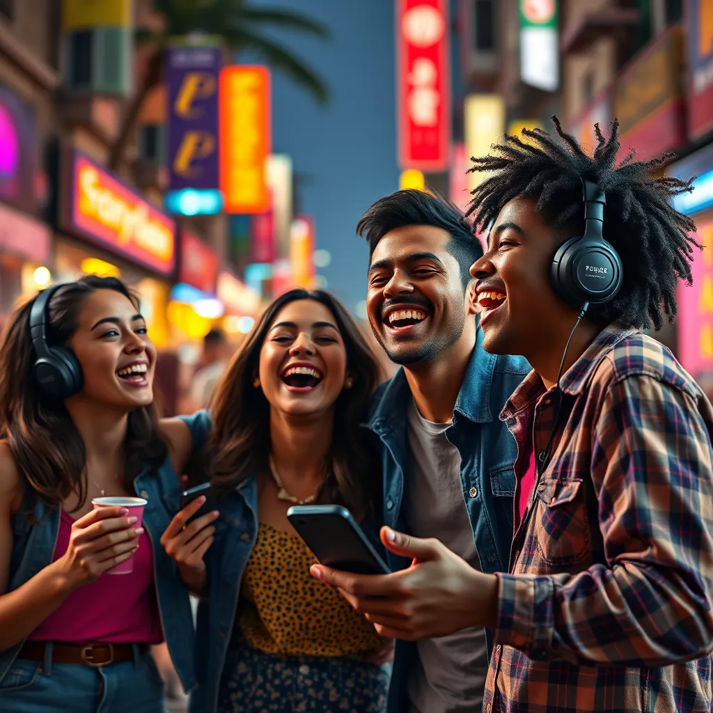 A photorealistic image of a group of friends listening to music together, smiling and dancing. The background should be a vibrant and colorful city street, with a sense of joy and energy. The music should be clearly visible, emanating from a speaker or a phone.