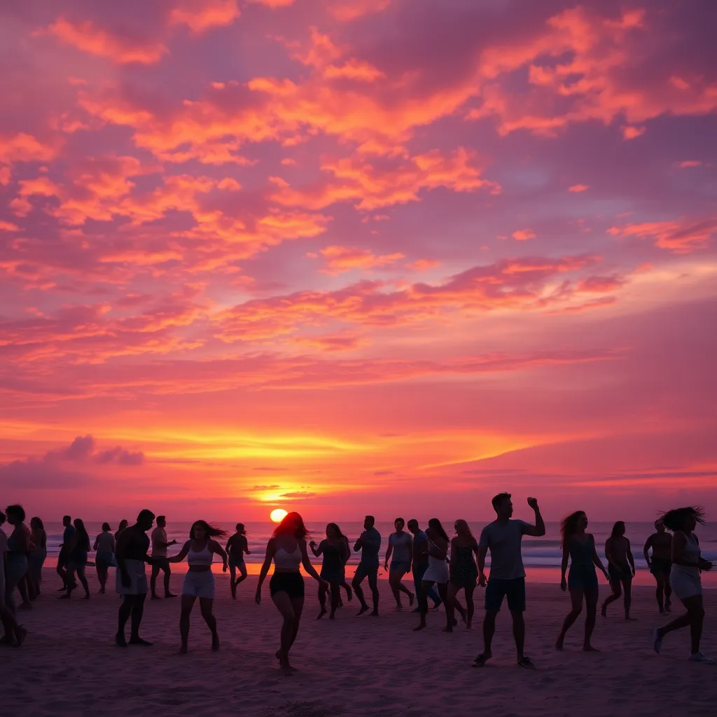 A serene beach scene at sunset. The sky is filled with vibrant orange and purple hues, with people dancing and laughing on the beach. The atmosphere should be joyful and uplifting, reflecting the positive energy of the music.