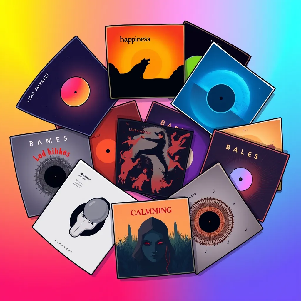 A stylized illustration depicting a collection of album covers arranged in a circle, each cover representing a different mood and theme, such as happiness, sadness, excitement, and calmness. The background can be a gradient of colors representing a spectrum of emotions.