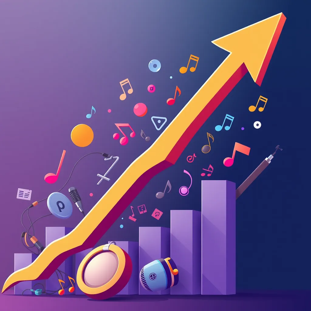 A stylized illustration of a music chart with a large, prominent arrow pointing upwards. The chart should be filled with various musical symbols, such as notes, headphones, and microphones, representing different aspects of the music industry. The overall style should be dynamic and modern, capturing the ever-changing nature of music trends.
