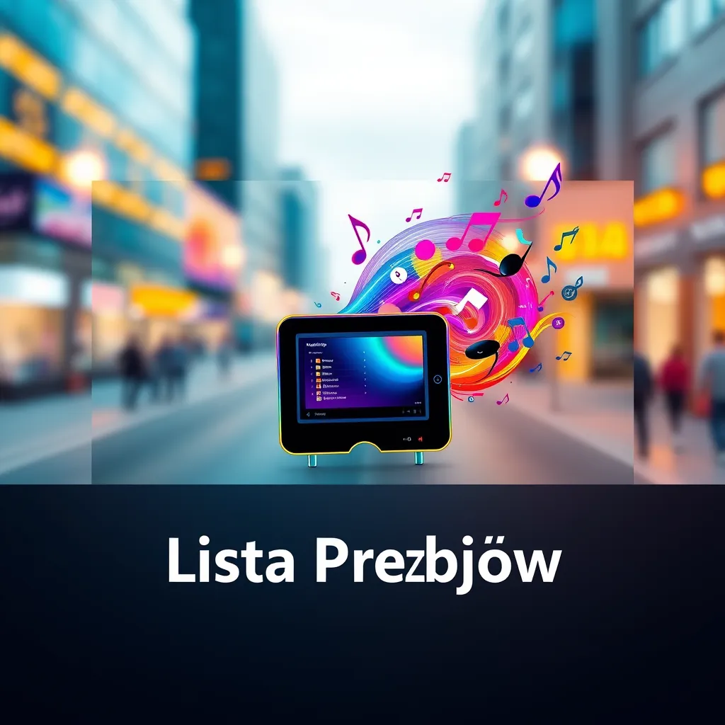 A vibrant and modern website design showcasing the 'Lista Przebojów' service.  The design should incorporate a large, prominent image of a colorful music player with a sleek, minimalist interface. This music player should be positioned front and center, with a vibrant, colorful wave emanating from its speakers. The wave should be made up of various musical notes and symbols, suggesting a dynamic and energetic feel. In the background, a blurred cityscape should be visible, emphasizing the contemporary and urban feel of the service. The overall color palette should be bright and energetic, using bold, contrasting colors like blues, reds, and yellows. The lighting should be soft and diffused, creating a warm and inviting atmosphere. The image should be rendered in 8K resolution, with hyperrealistic detail and a smooth, photorealistic finish.