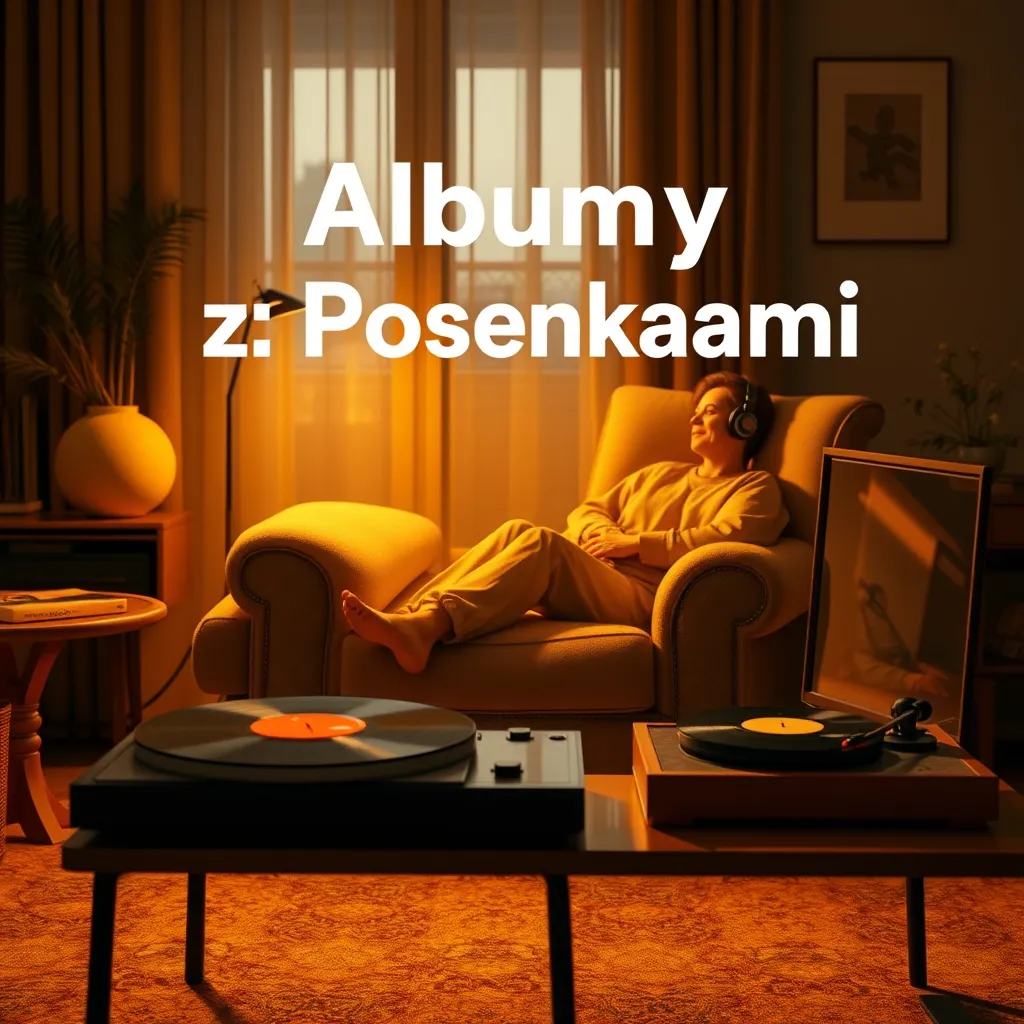 A warm and inviting image showcasing the 'Albumy z Piosenkami' service. The image should feature a cozy living room setting with a person relaxing on a plush armchair, listening to music through headphones. The person should be wearing a warm, comforting outfit, and the room should be bathed in soft, golden lighting. On the coffee table beside the armchair, a stack of vinyl records should be visible, with a record player playing a vinyl album. The image should be rendered in 8K resolution, with hyperrealistic detail and a smooth, photorealistic finish, capturing the warmth, comfort, and joy of listening to music.