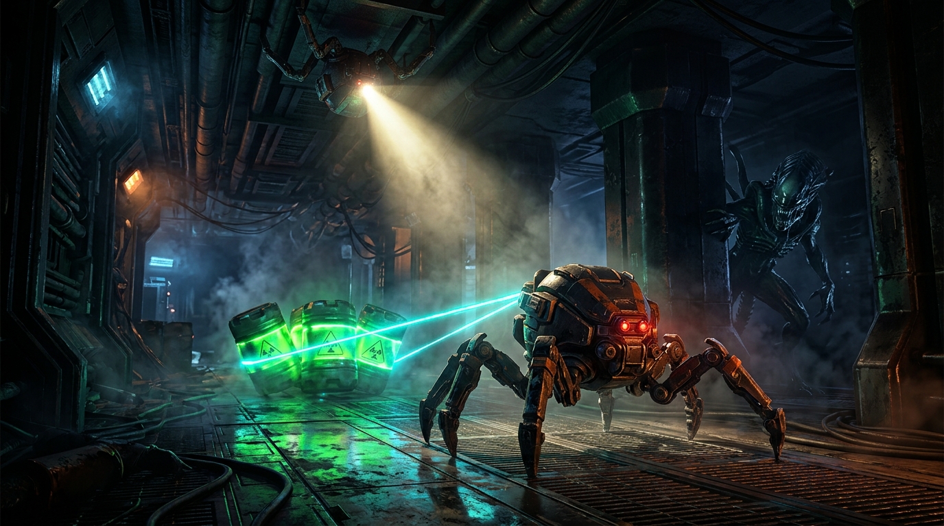 Spider bots tethering radioactive scrap canisters while evading lurking monster