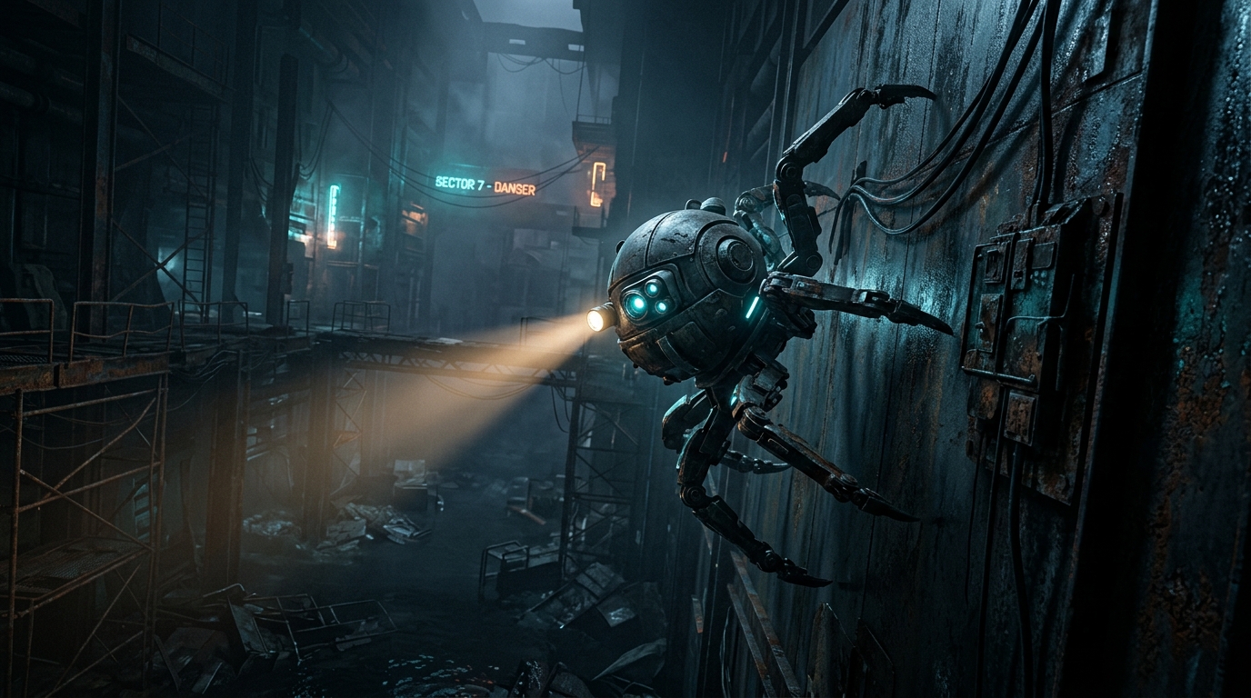 Lootbugs 8-legged spider robot crawling vertically on a dark sci-fi wall