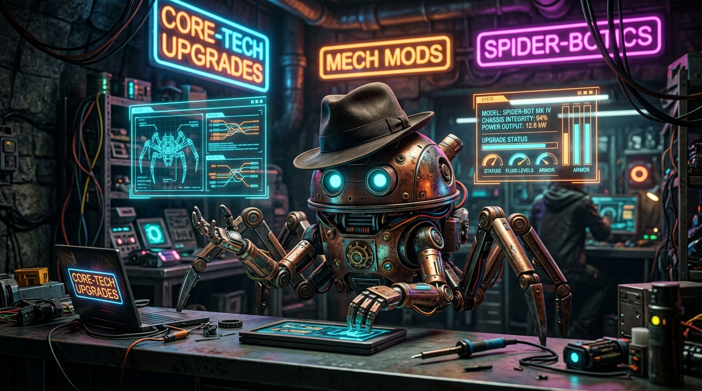 Friendly Shopkeeper Spider Bot with fedora hat