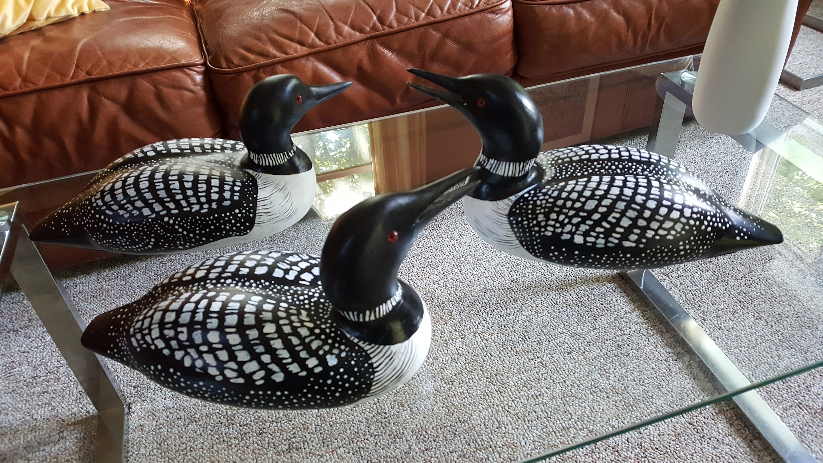 Hand painted loon decoys from Batik Shirt Shop!
