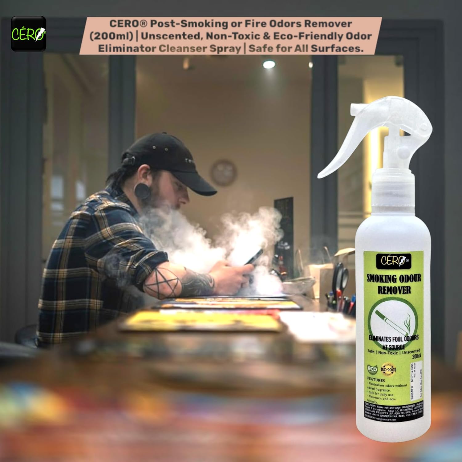 CERO® Post-Smoking or Fire Odour Remover (200ml) | Unscented, Non-Toxic & Eco-Friendly Odor Eliminator Cleanser Spray | Safe for All Surfaces.