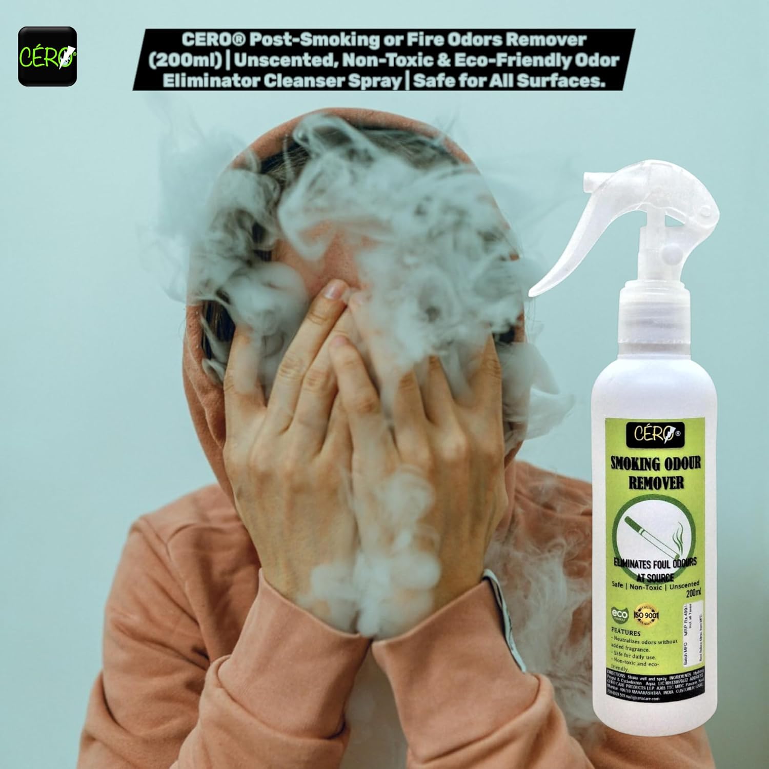 CERO® Post-Smoking or Fire Odour Remover (200ml) | Unscented, Non-Toxic & Eco-Friendly Odor Eliminator Cleanser Spray | Safe for All Surfaces.
